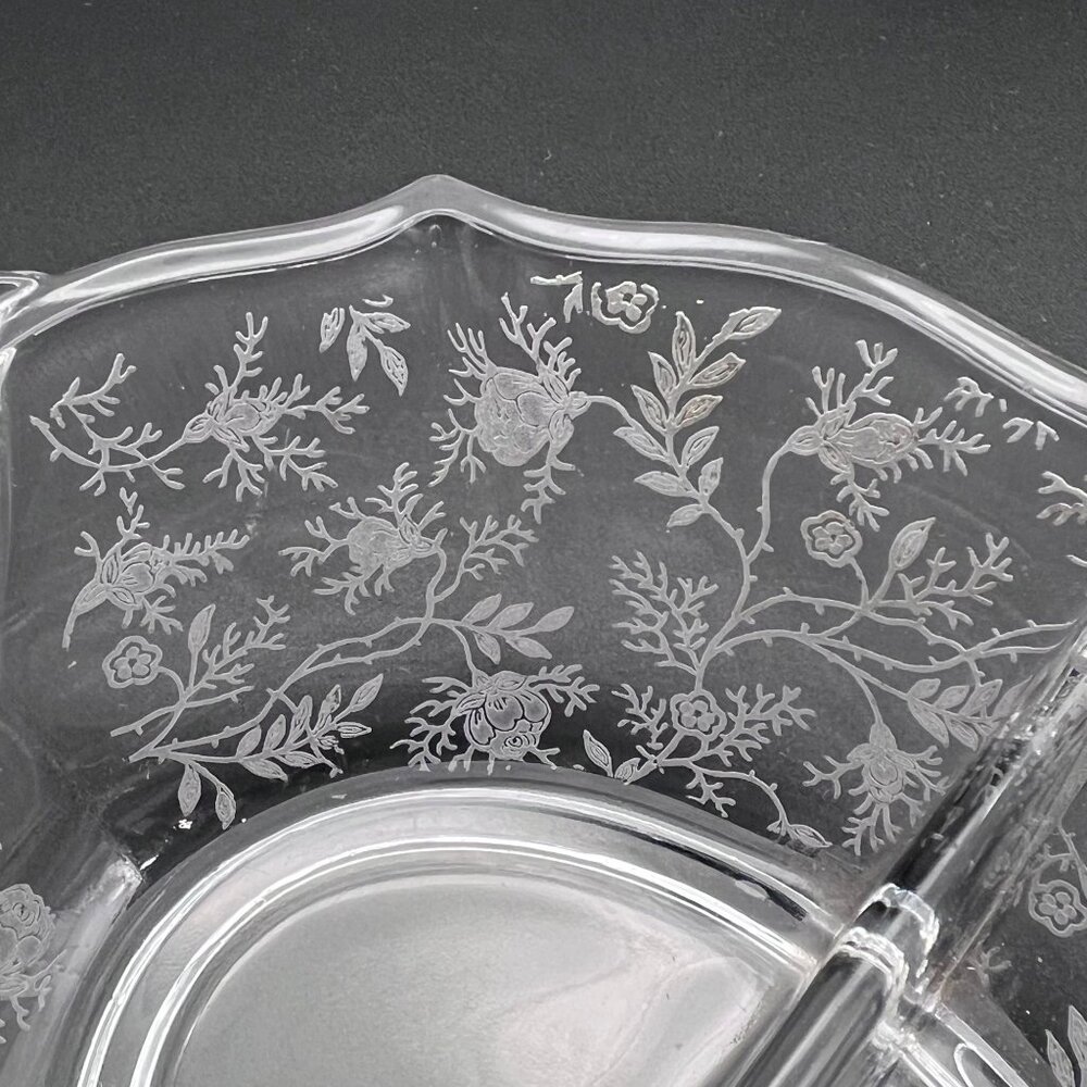 Vintage Fostoria Baroque Navarre Etched Glass Divided Serving Dish Floral Design - Picture 9 of 15